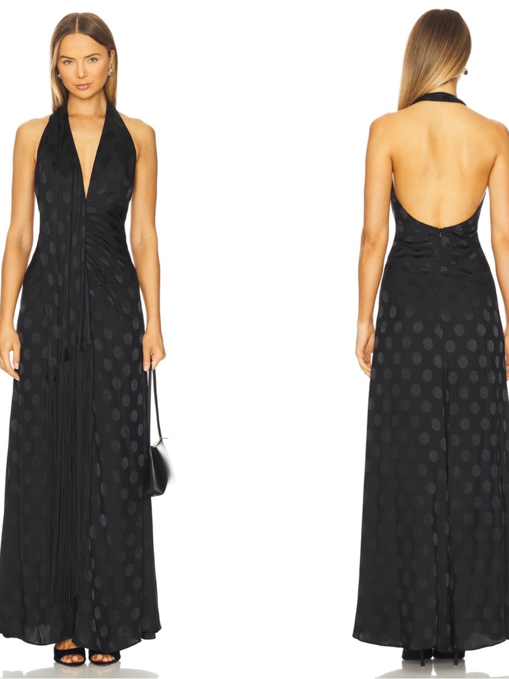 AZULU Georgina Polka Dot Draped Black Maxi Dress Size XS